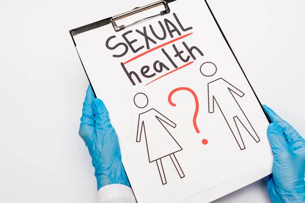 Cropped View Doctor Blue Latex Gloves Holding Clipboard Sexual Health — Stock Photo, Image