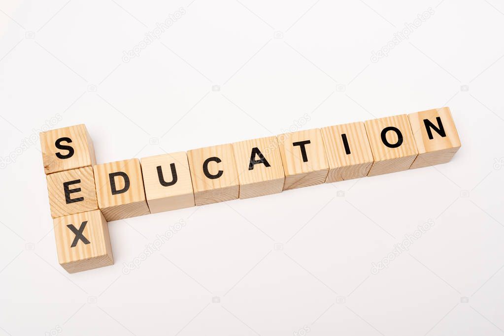 top view of wooden blocks with sex education lettering isolated on white 