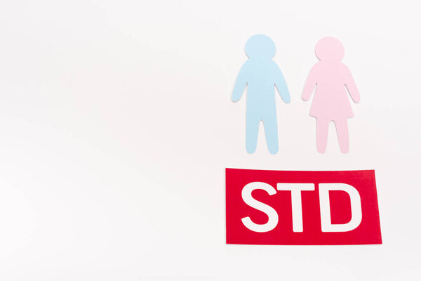 top view of paper people near std lettering isolated on white