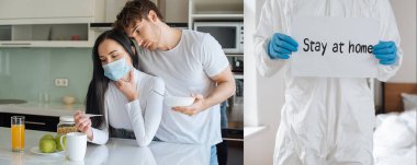 Koruyucu takım elbiseli doktorla kolaj ev kartı ve evde hasta bir çift tutuyor.