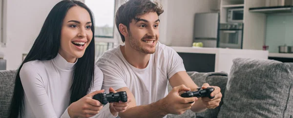 Kyiv Ukraine April 2020 Beautiful Cheerful Couple Playing Video Game — Stock Photo, Image