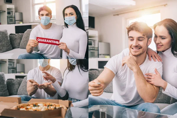 collage with ill couple in medical masks holding quarantine sign, having pizza and throwing coin at home during self isolation