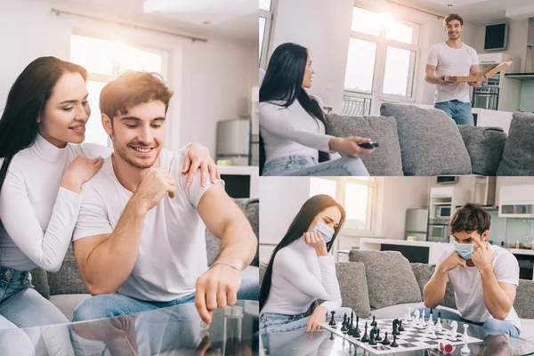 Collage Ill Couple Medical Masks Playing Chess Having Pizza Throwing — Stock Photo, Image