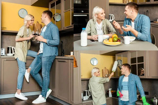 Collage Smiling Couple Eating Breakfast Drinking Wine Doing House Cleaning — Stock Photo, Image