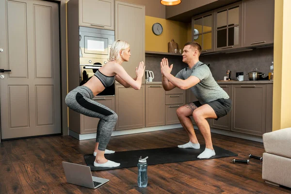 Young Couple Practicing Online Yoga Together Laptop Home Quarantine — Stock Photo, Image