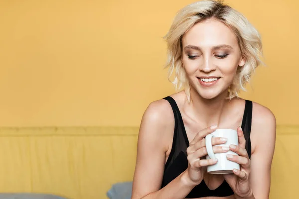 Smiling Sexy Blonde Woman Underwear Cup — Stock Photo, Image