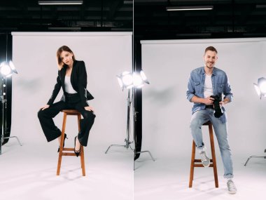 Güzel model ve gülümseyen fotoğrafçı kolajı fotoğraf stüdyosunda oturuyor. 