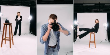 Fotoğraf makinesiyle fotoğraf çeken fotoğrafçı kolajı ve fotoğraf stüdyosunda poz veren şık model. 