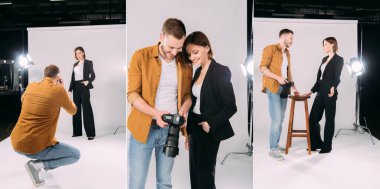 Fotoğraf stüdyosunda güzel bir modelle çalışan fotoğrafçı kolajı. 