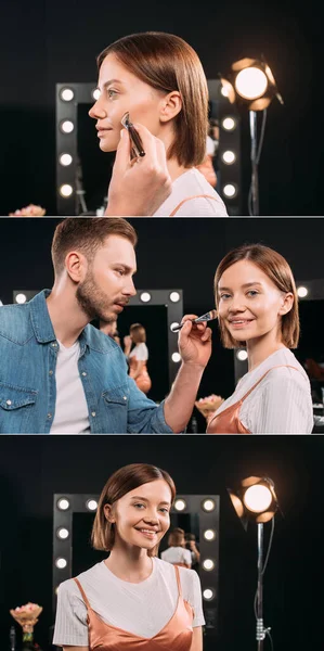 Collage Maquillador Sosteniendo Cepillo Cosmético Cerca Cara Modelo Atractivo — Foto de Stock