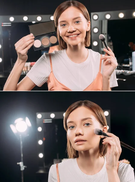 Collage Beautiful Woman Holding Makeup Set Cosmetic Brush Photo Studio — Stock Photo, Image