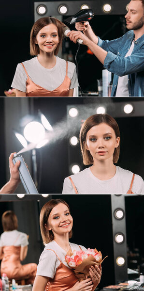 Collage of makeup artist doing hairstyle to smiling model holding flowers in photo studio 