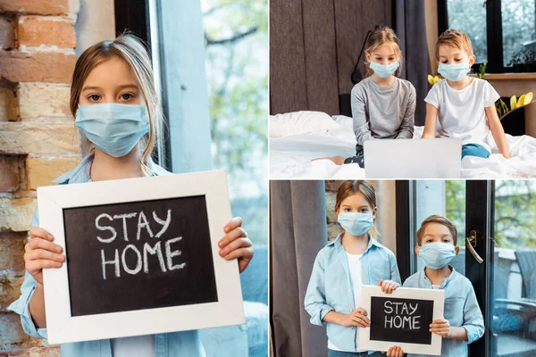 Collage Siblings Medical Masks Holding Chalkboard Stay Home Lettering Using — Stock Photo, Image