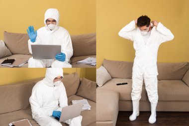 Tıbbi maskeli adam kolajı, lateks eldivenler ve oturma odasında dizüstü bilgisayar kullanan tehlikeli madde kıyafeti.