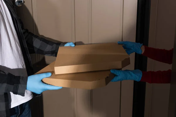 Cropped View Courier Giving Pizza Boxes Woman Latex Gloves Open — Stock Photo, Image