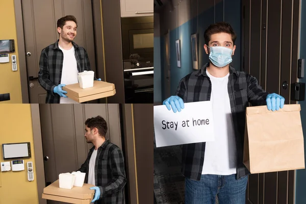 Collage Man Medical Mask Holding Card Stay Home Letting Packages — Stock Photo, Image