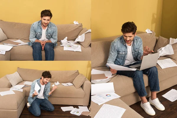 悲伤和愤怒的男人用笔记本电脑拼凑在一起 坐在沙发上的凌乱的纸旁边 — 图库照片