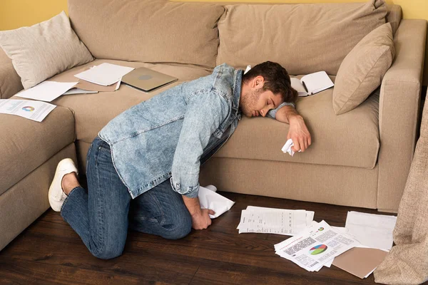 Side View Handsome Man Sleeping While Holding Clumped Paper Laptop — Stock Photo, Image