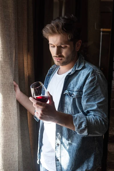 Sad Man Holding Glass Wine Window Home — Stock Photo, Image