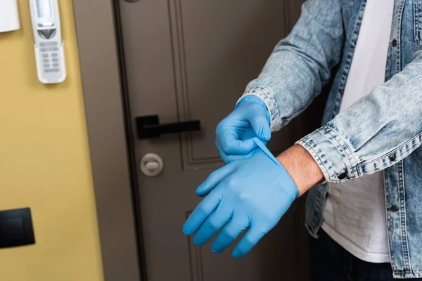 Cropped View Man Putting Latex Gloves Door Home — Stock Photo, Image