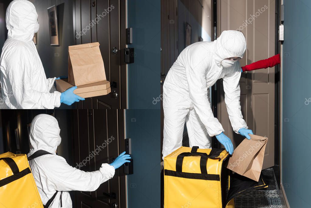 Collage of courier in hazmat suit and medical mask ringing in doorbell and holding package with pizza boxes near door 