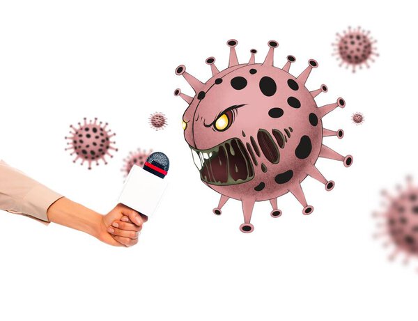 Cropped view of female hand with microphone near bacteria illustration isolated on white