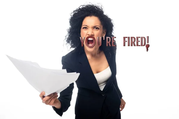 Angry African American Businesswoman Papers Yelling You Fired Isolated White — Stock Photo, Image