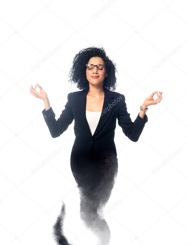 African american businesswoman with closed eyes meditating as jinn isolated on white