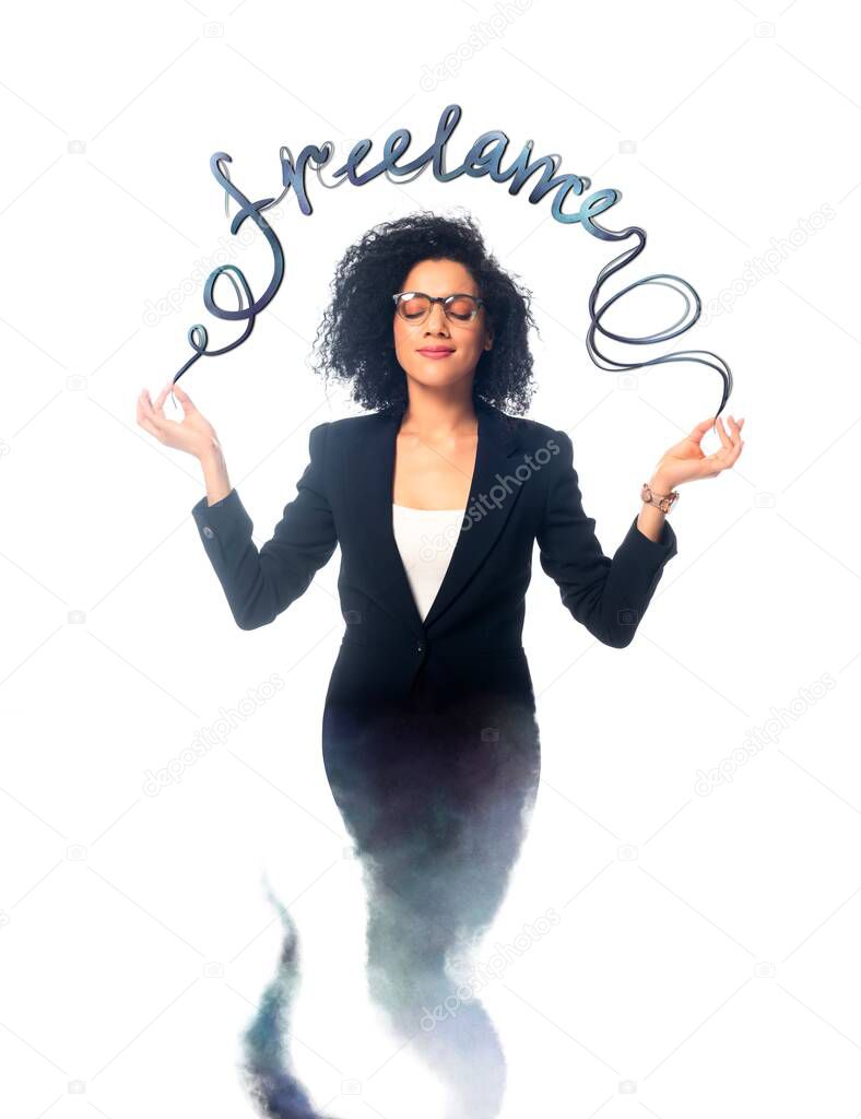 African american businesswoman with closed eyes meditating as jinn isolated on white with freelance lettering