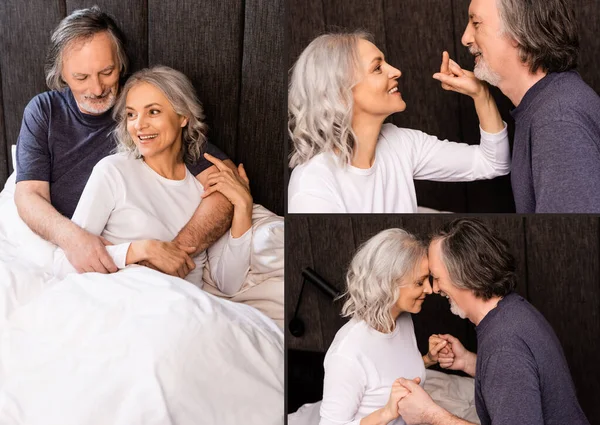 collage of happy mature woman pointing with finger at husband, holding hands and lying in bed