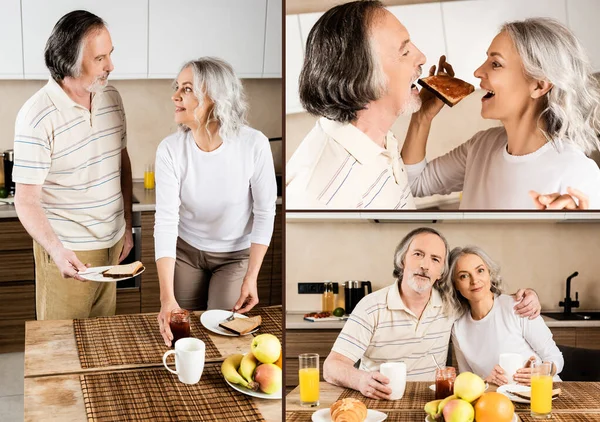 Collage Feliz Pareja Madura Comiendo Sabroso Desayuno Casa — Foto de Stock