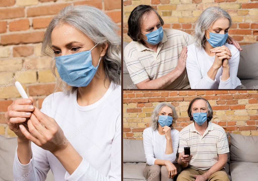 collage of mature couple in medical masks watching movie and woman looking at digital thermometer at home 