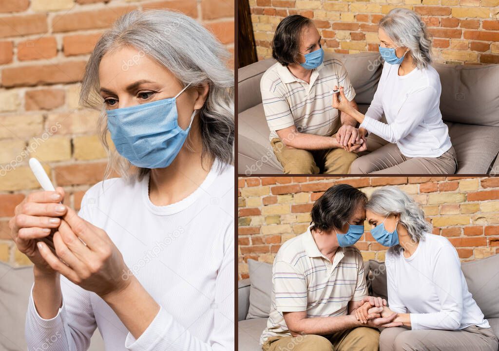 collage of mature woman in medical mask holding digital thermometer near husband and holding hands 