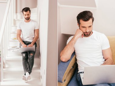 Collage of teleworker using laptop and on stairs and couch at home  clipart