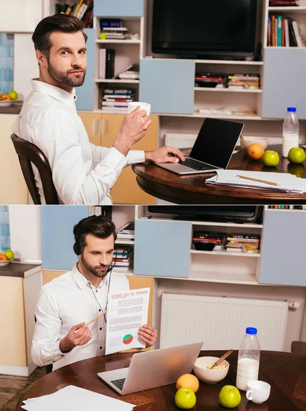 Collage Freelancer Bebiendo Café Usando Auriculares Mientras Trabaja Casa — Foto de Stock