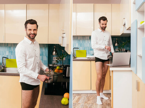 Collage of man in shirt and panties cooking breakfast and using laptop in kitchen 