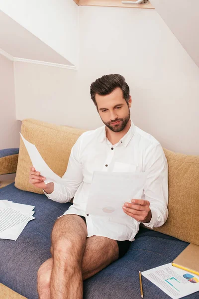 Handsome Freelancer Panties Shirt Working Papers Book Couch — Stock Photo, Image