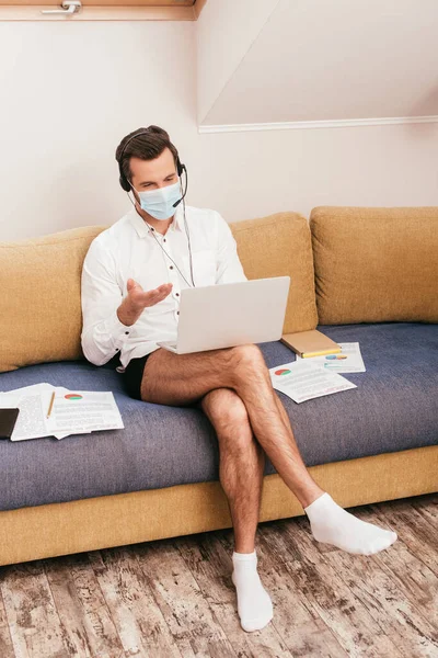 Freelancer Medical Mask Panties Shirt Using Headset While Having Video — Stock Photo, Image