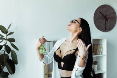 Ofiste elinde sprey şişesi tutan seksi sekreter.  
