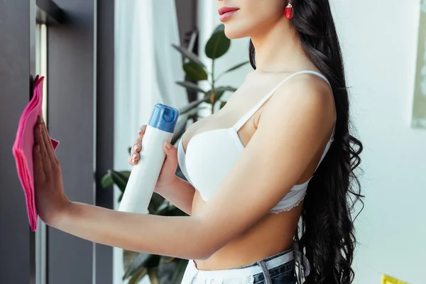 Cropped View Sexy Woman Holding Air Freshener Rag While Cleaning — Stock Photo, Image