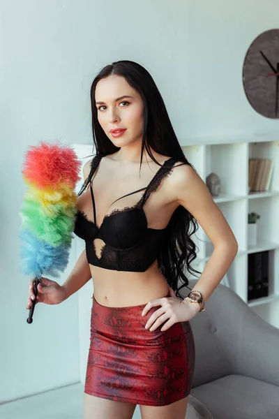 Seductive Secretary Bra Holding Dust Brush Office — Stock Photo, Image