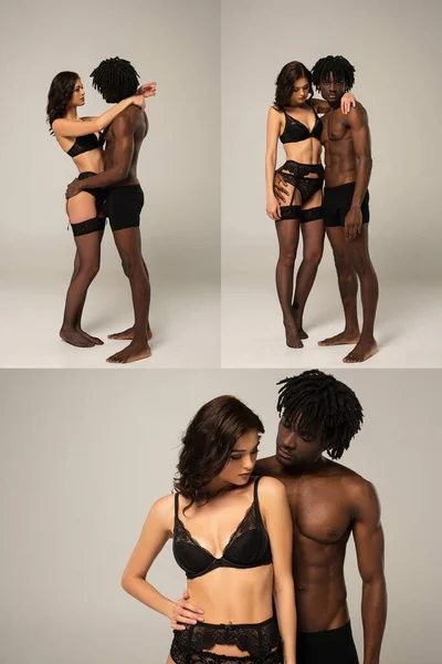 Colagem Com Belo Casal Interracial Apaixonado Abraçando Cinza — Fotografia de Stock