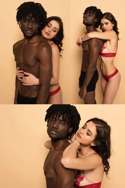 Collage Sexy Interracial Couple Hugging Beige — Stock Photo, Image