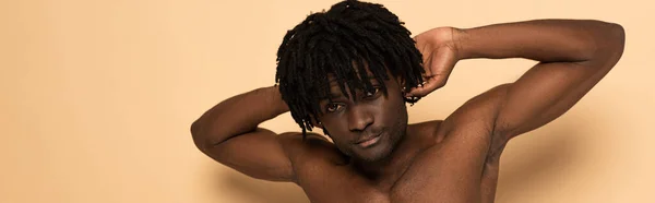 Sexy Africano Americano Sin Camisa Hombre Beige Encabezado Del Sitio —  Fotos de Stock