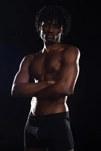 Shirtless Muscular African American Man Crossed Arms Isolated Black — Stock Photo, Image