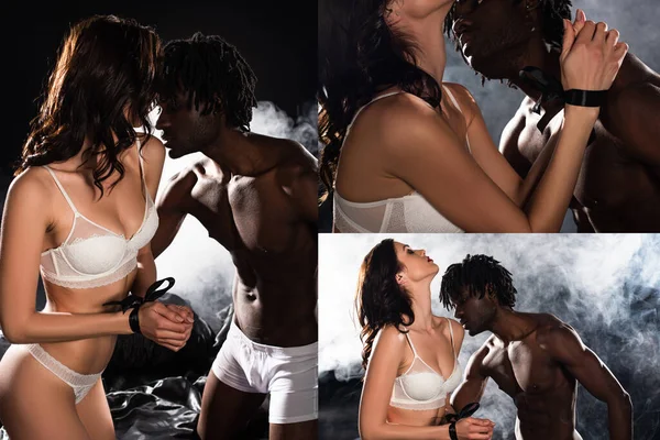 Colaj Seducător African American Bărbat Îmbrățișând Femeie Mâinile Legate Pat — Fotografie, imagine de stoc