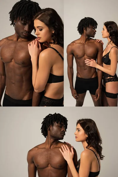 Collage Sensual Interracial Couple Isolated Grey — Stock Photo, Image