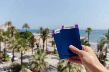 Pasaportları ve uçak biletleriyle arka planda palmiye ağaçları ve deniz kıyısına bakan adam görüntüsü.