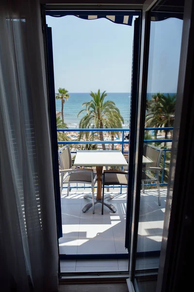 Table Chairs Balcony Palm Trees Seascape Background Catalonia Spain — Stock Photo, Image