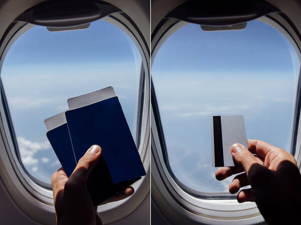Collage of man holding credit card and passports near porthole in airplane